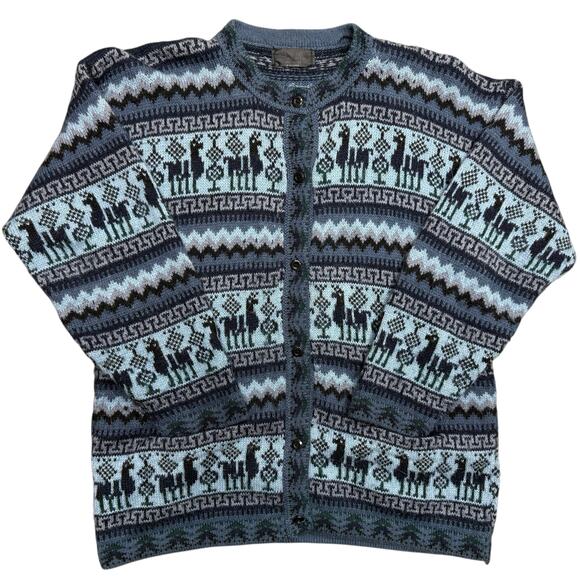 Artesania Los Andes 100% Alpaca Fair Isle Cardigan Men Size M Button Up Crew - Picture 1 of 7
